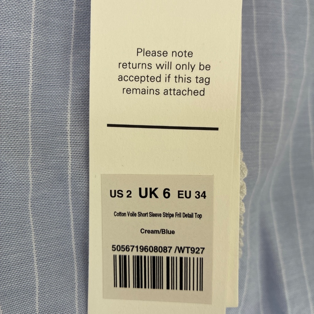 ME+EM NWT Cotton Voile Short Sleeve Striped Frill Detail Top - Picture 4 of 5